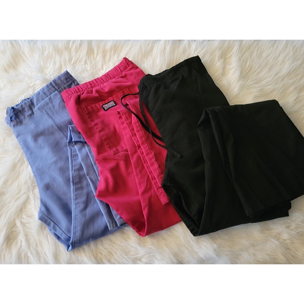 3 Pair Scrub Cherokee Pants XS Workwear Mid Rise Drawstring Pant Black Red Blue
